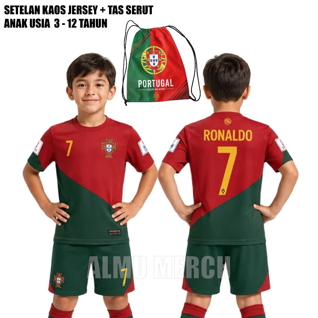 Baju Bola Anak Setelan Kaos Jersey Anak Cr7 / Kaos Celana Jersey + Tas Olahraga Portugal Untuk Anak 