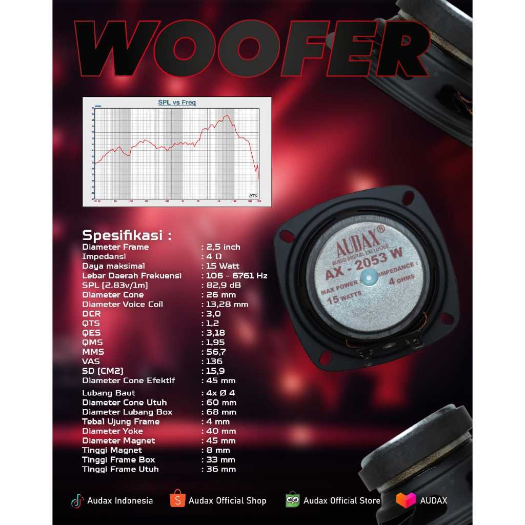 Speaker komponen AUDAX 2.5″ tipe AX-2053 W4 / AX2053 W4 / AX2053S4 / AX 2053 W4 – Woofer