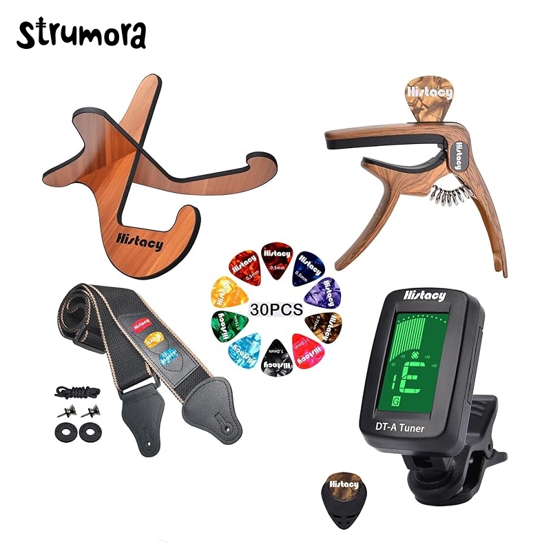 STRUMORA Kit Aksesori Gitar: Dudukan Kayu, Tali, Tuner Clip-On, Capo 3-in-1, 30 Pilihan untuk Akusti