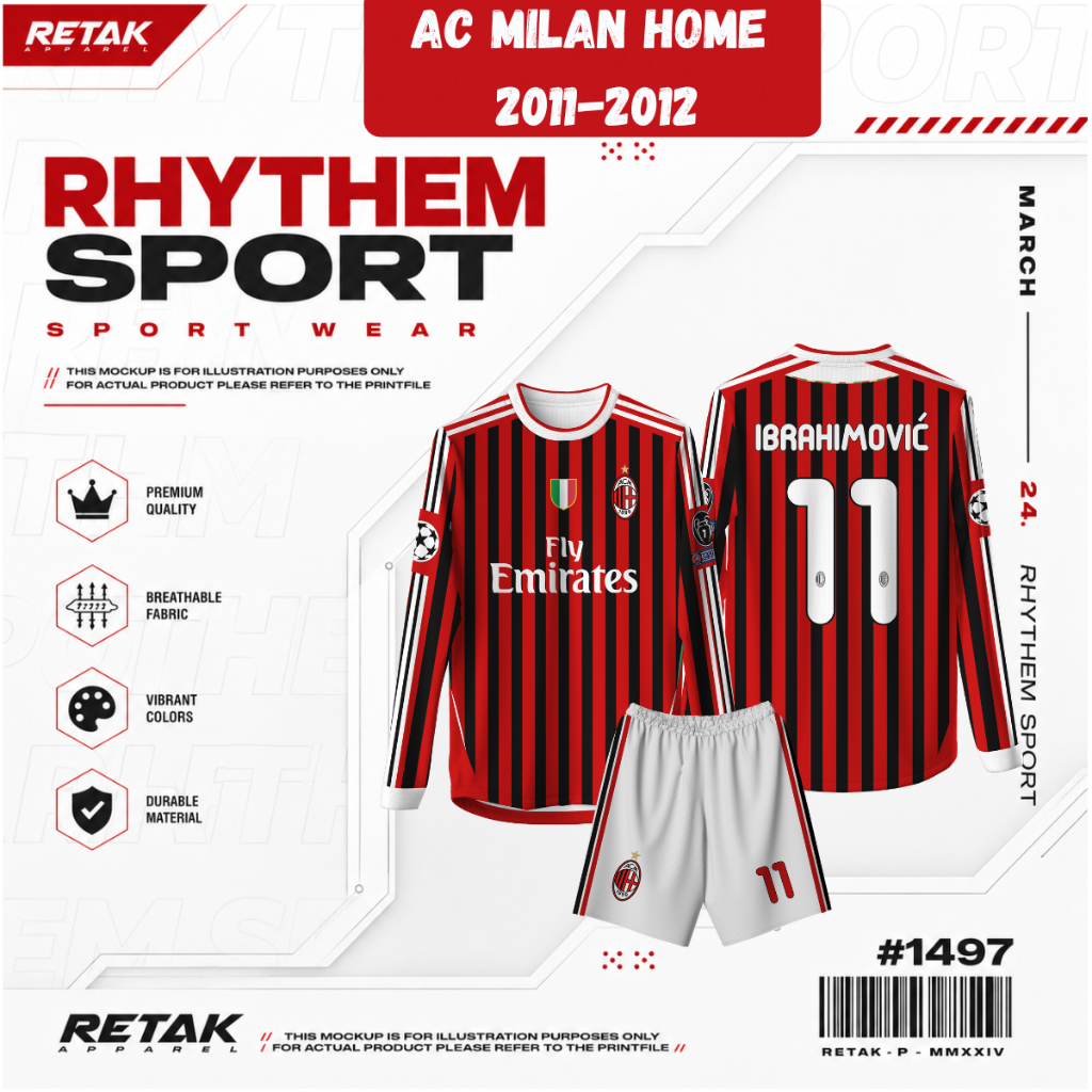 Jersey Bola AC MILAN HOME 2011-2012 Free custom nama dan nomor untuk dewasa dan anak anak Full Print