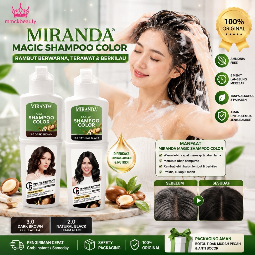 Miranda Magic Shampoo Color Bottle 80 +80ml l - Dark Brown | Shampo Semir Botol Pewarna Coklat Tua T