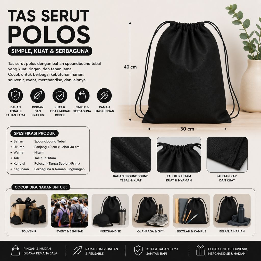 Tas Serut Hitam Polos 30x40cm Untuk Pria & Wanita