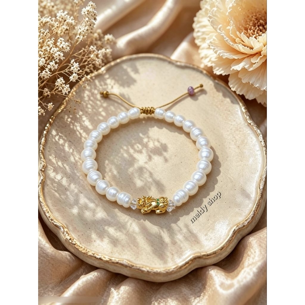 Gelang mutiara air tawar asli charm bunga mawar naga jilin pixiu dragon Gold Emas hongkong