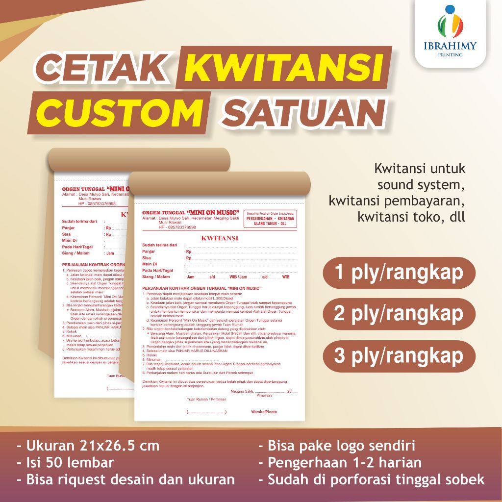 NOTA, KWITANSI CUSTOM + DESAIN 1 Ply, 2 Ply, 3 ply, Kwitansi Pembayaran