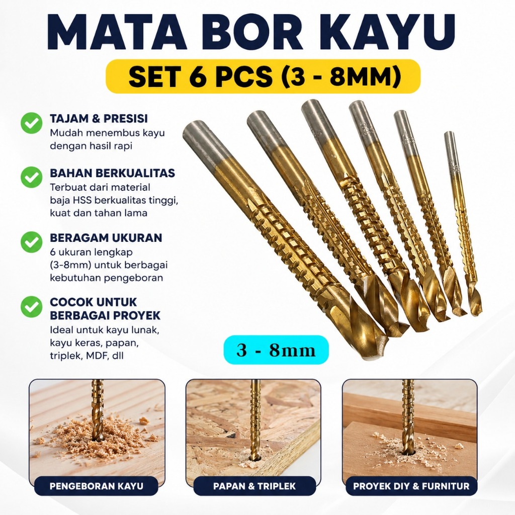 Mata Bor Kayu Multifungsi HSS Titanium 3-8mm Set 6pcs Bor Ukir Kikir Perbesar Lubang
