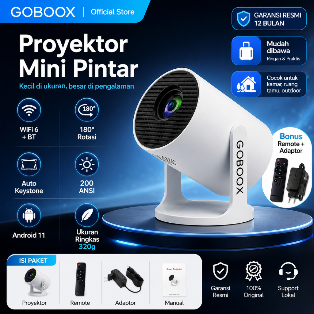 GOBOOX 2G+16G Proyektor Android 13.0 4K Full HD WiFi6 With Speaker HIFI Bluetooth 5.4 Type-C YouTube