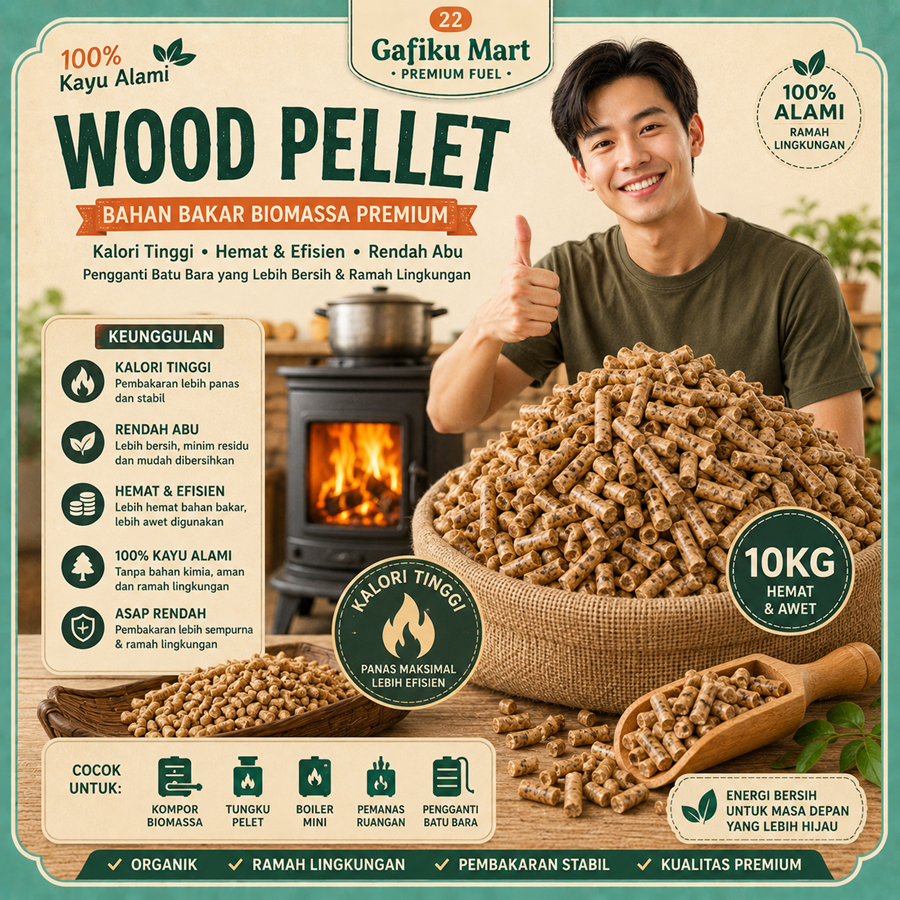 Wood Pellet 10KG Pelet Kayu Bahan Bakar Kompor Tungku Biomassa Premium Kalori Tinggi Pengganti Batu 