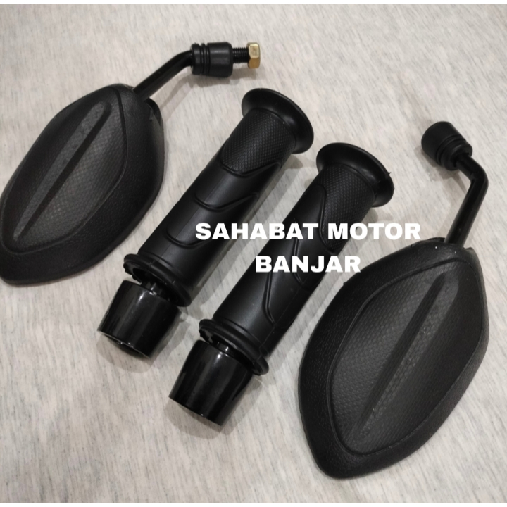 SAHABAT MOTOR Paket 3in1 Grip Honda + jalu stang Hitam + Spion Beat mini / Spion Honda Beat,Vario,Su