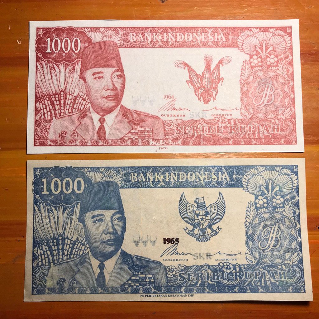 2 Lembar Uang Sukarno 1000 Merah dan Biru