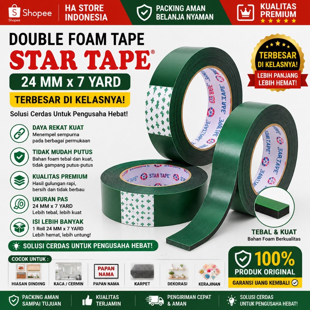 Double Tape Busa Foam Hijau SAKIMARU Tape 24mm x 6m