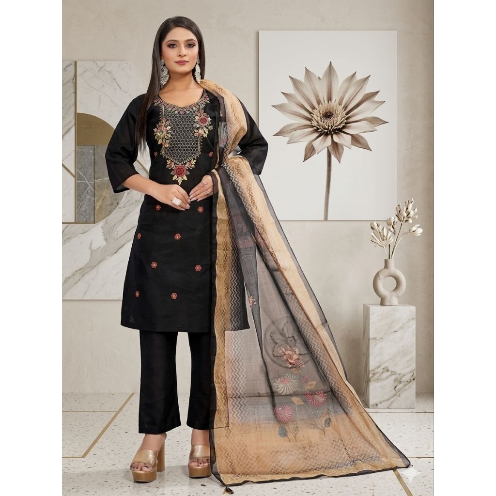 Setelan Tunik Wanita Hitam Bordir Premium / Set Baju India Modern & Selendang Dupatta Motif Bunga Me