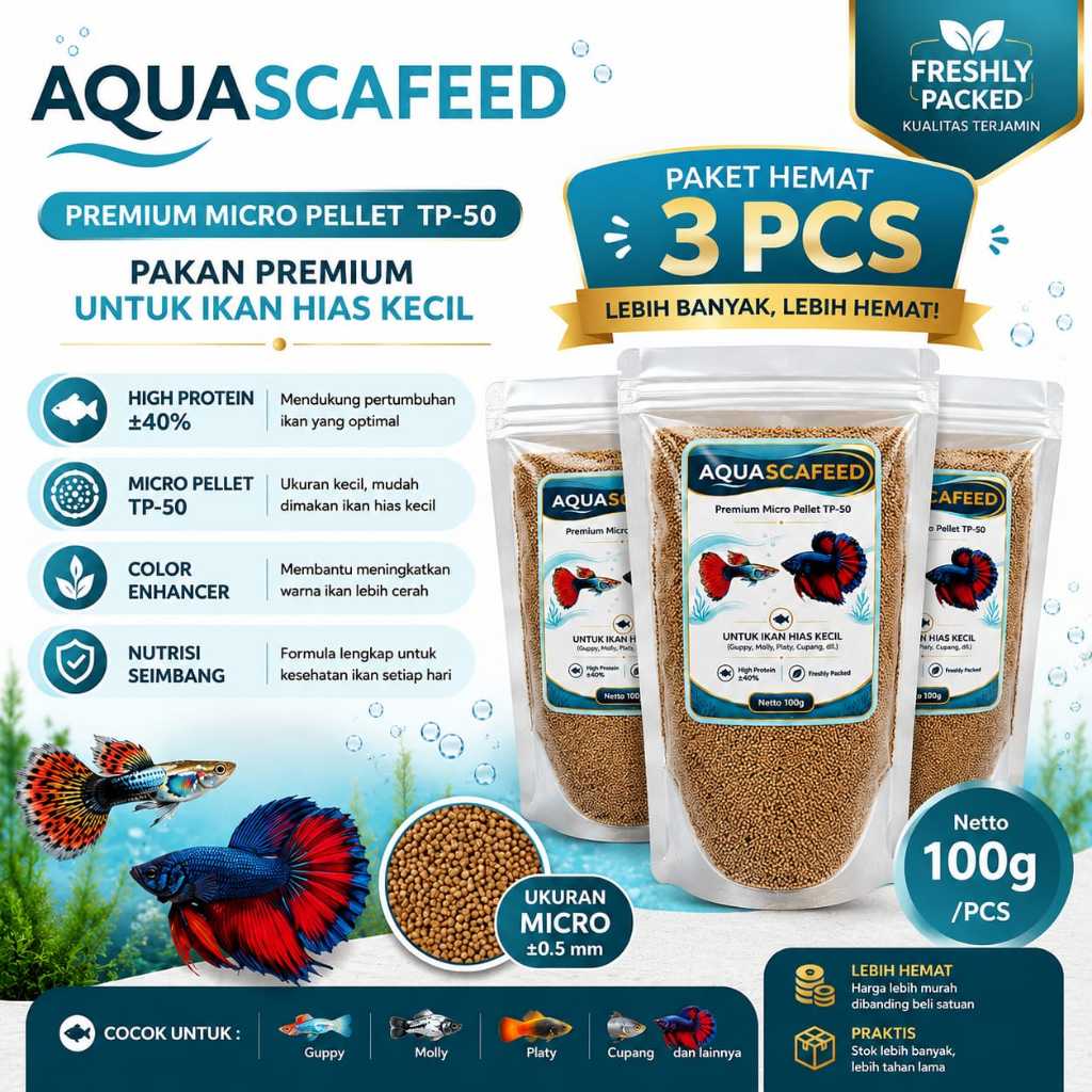 Aquascafeed Pelet Ikan Hias Kecil Premium 100g x3 | Paket Hemat Bundle 3 PCS TP-50 untuk Guppy Molly