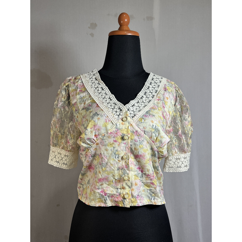 Floral V-Neck Crop Blouse with Lace Trim and Sheer Sleeves (Blus Pendek Motif Bunga Kerah V dengan K