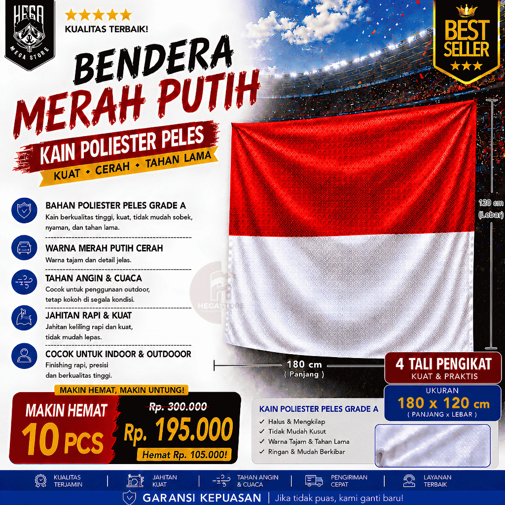 (10pcs) Bendera Merah Putih 180×120 cm - Kain Satin Peles Tebal, Tali Pengikat – untuk Tiang Rumah &