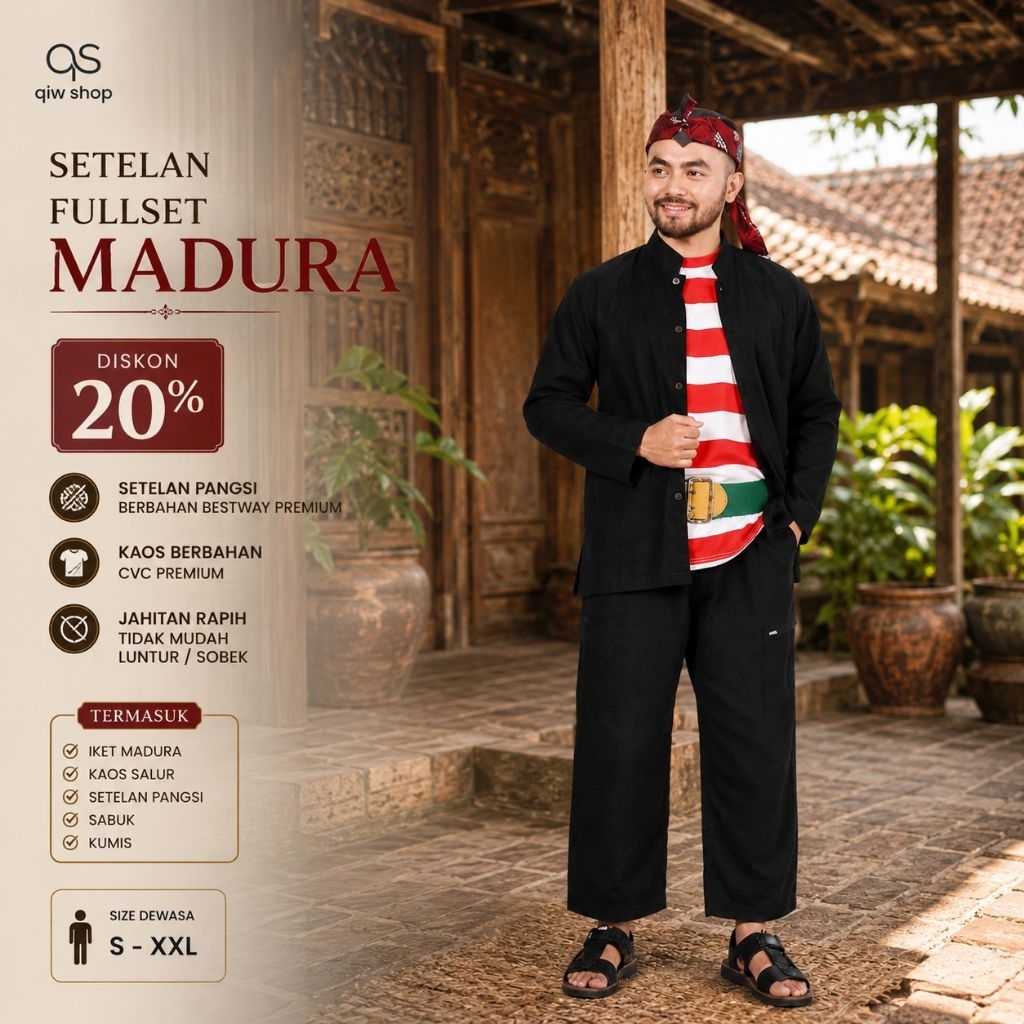 Fullset Baju Adat Madura Dewasa Gratis Kumis | Setelan Sakera Pria Laki Cowok | Kostum Pentas Seni K
