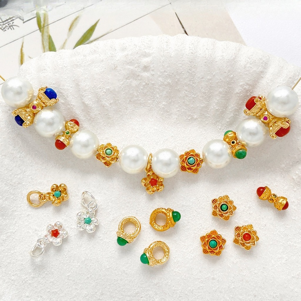 Copper-gold plated agate lotus flower peach blossom vajra pendant spacer bead pendant jewelry string