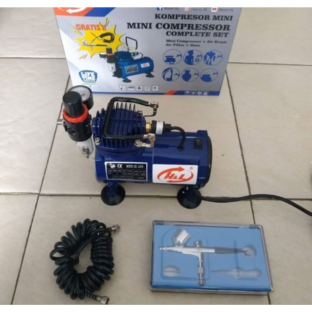 Mesin Kompresor Compressor Angin Listrik Mini H&L Set Komplit Selang dan Air Pen Brush
