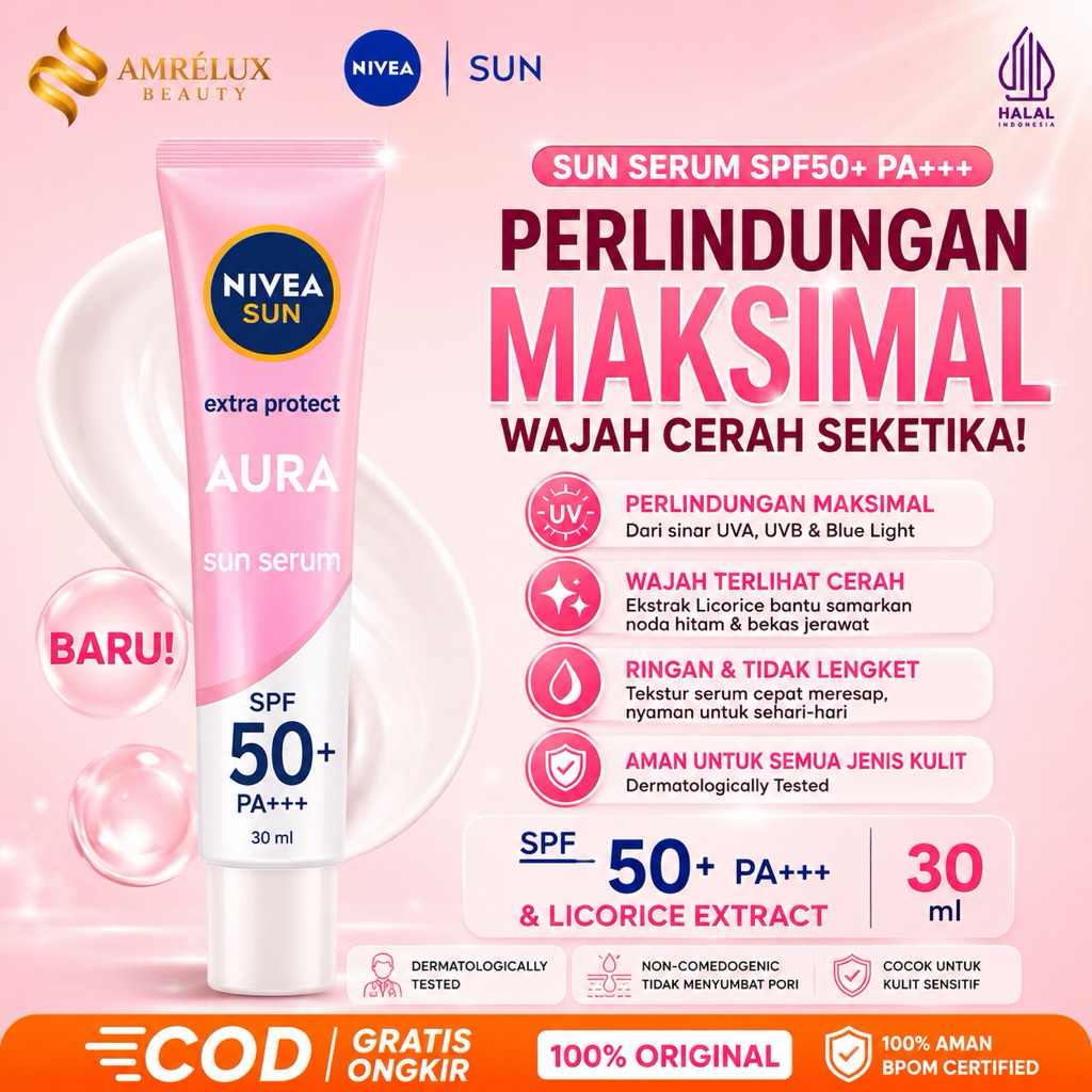 Serum Wajah Nivea Sun SPF 50+ 30ml - Perlindungan Matahari, Mencerahkan Kulit, Melembapkan