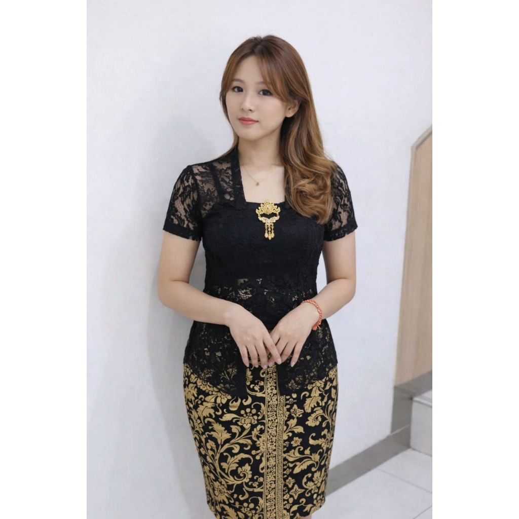 set kebaya lengan pendek rok pendek brokat strait melar setelan kutubaru brukat bali modern murah re