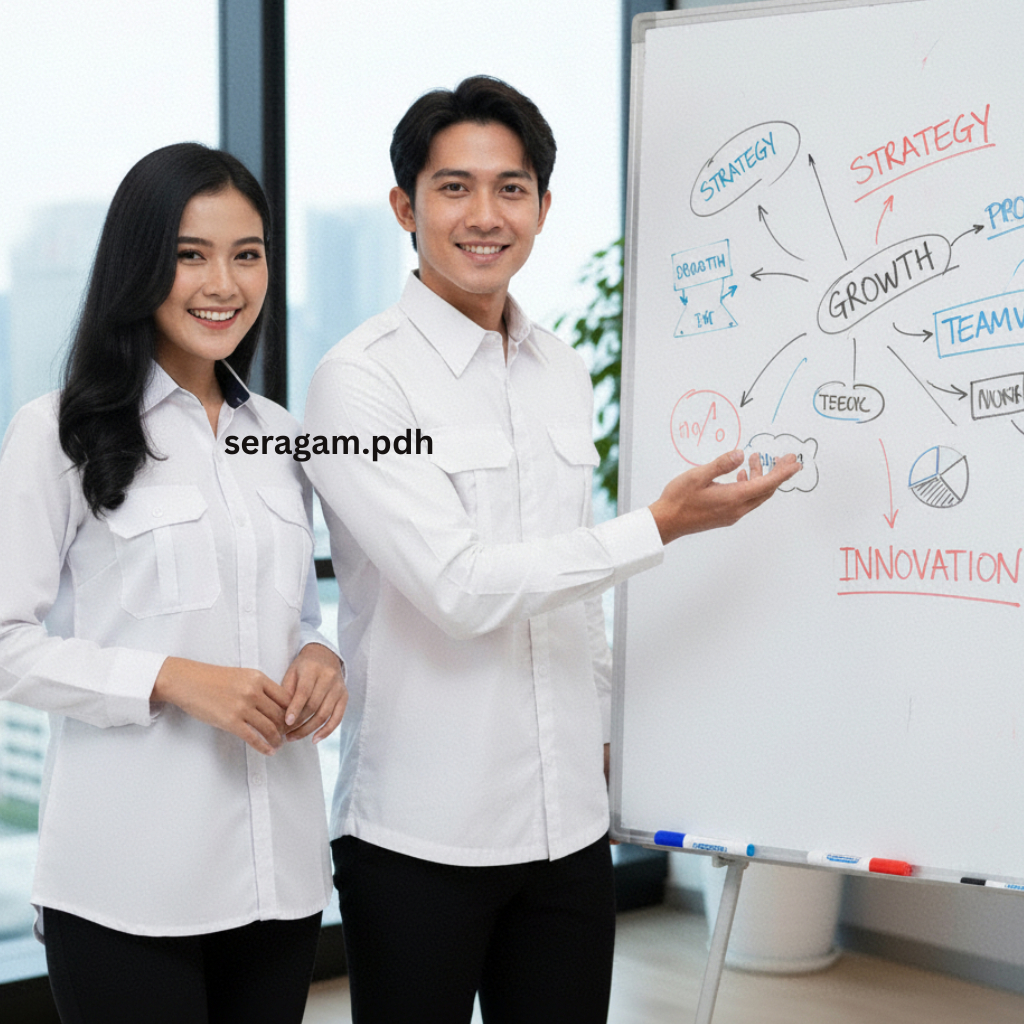 KEMEJA PDH PUTIH WANITA PRIA LENGAN PANJANG DAN LENGAN PENDEK KEMEJA PDH KERAH HITAM