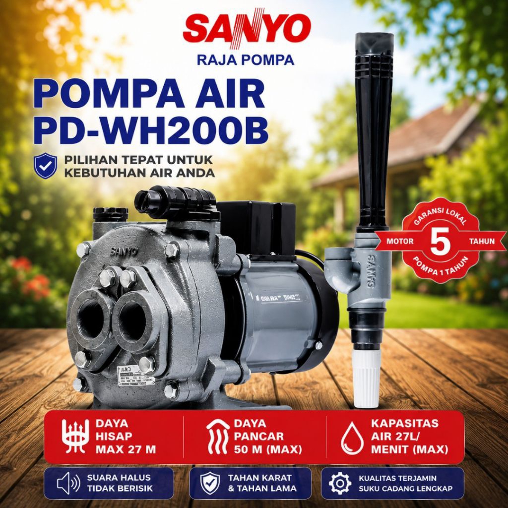 Pompa Air Jetpam Sanyo PDWH200B 200W Hisap 27M dorong 50lpm 27lpm Garansi Motor 5 Tahun Sumur Dalam 