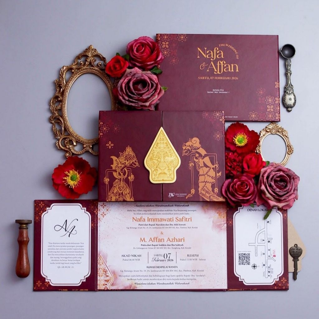 Undangan Premium VIP Hardcover + Gunungan Wayang | Undangan Tema Jawa Lipat 3 | Undangan Custom Free