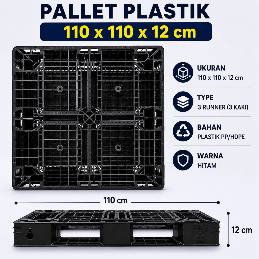 Pallet Plastik Bekas 110x110x12 cm Kondisi 95% HDPE  Static 1 Ton Hitam Biru