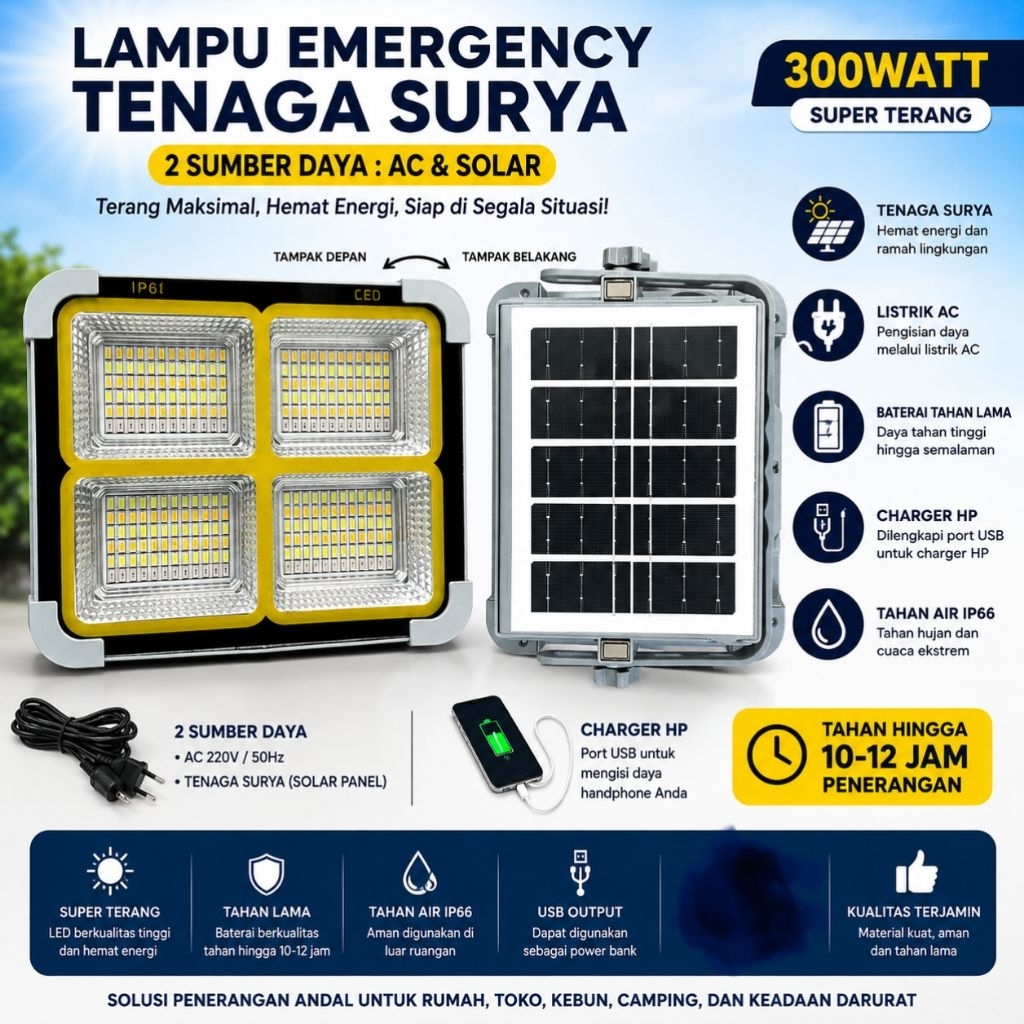 LAMPU EMERGENCY sollar DAN LISTRIK 300W , EMERGENCY 300WATT