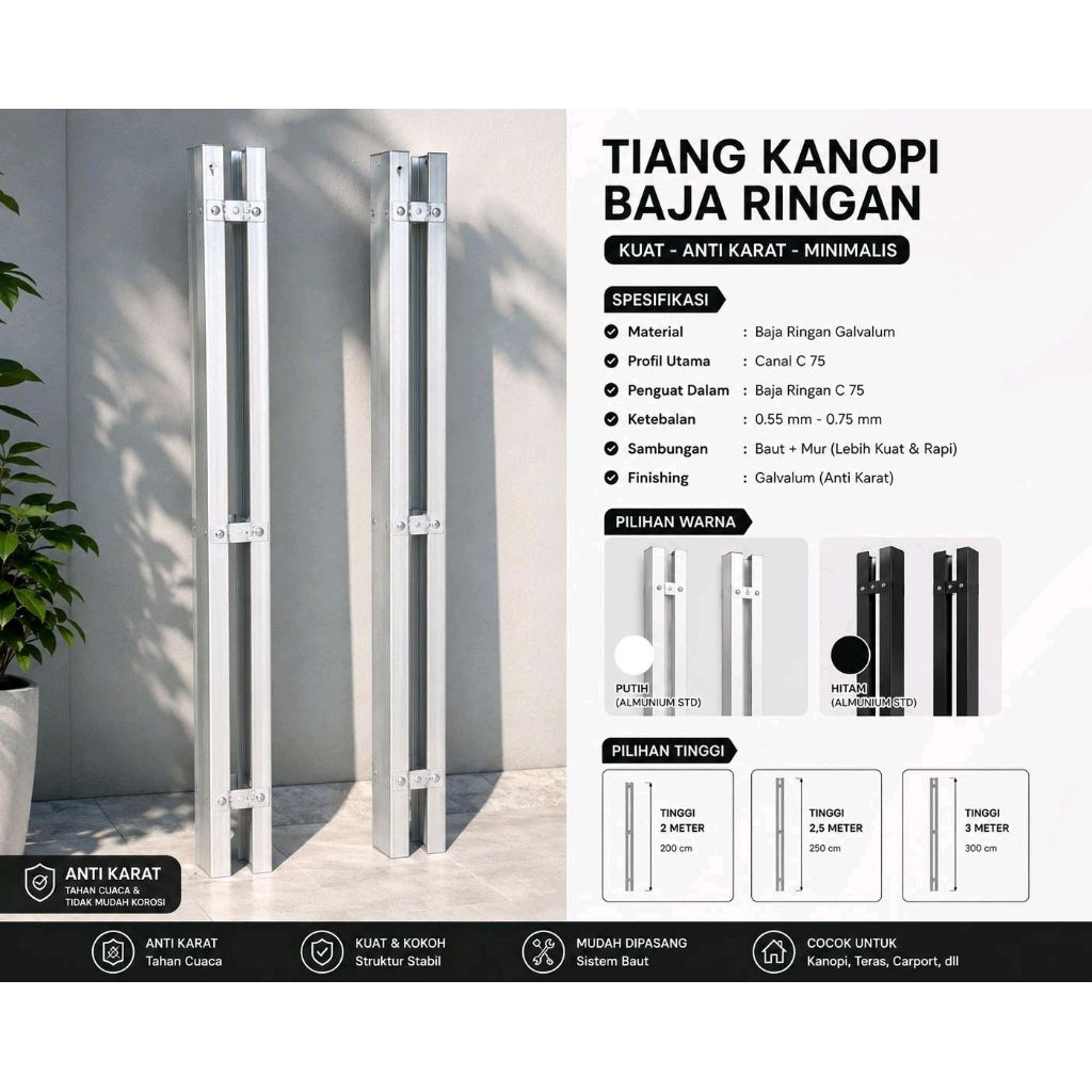 Penyangga Tiang Kanopi Baja Ringan Minimalis Anti Karat Siap Pasang