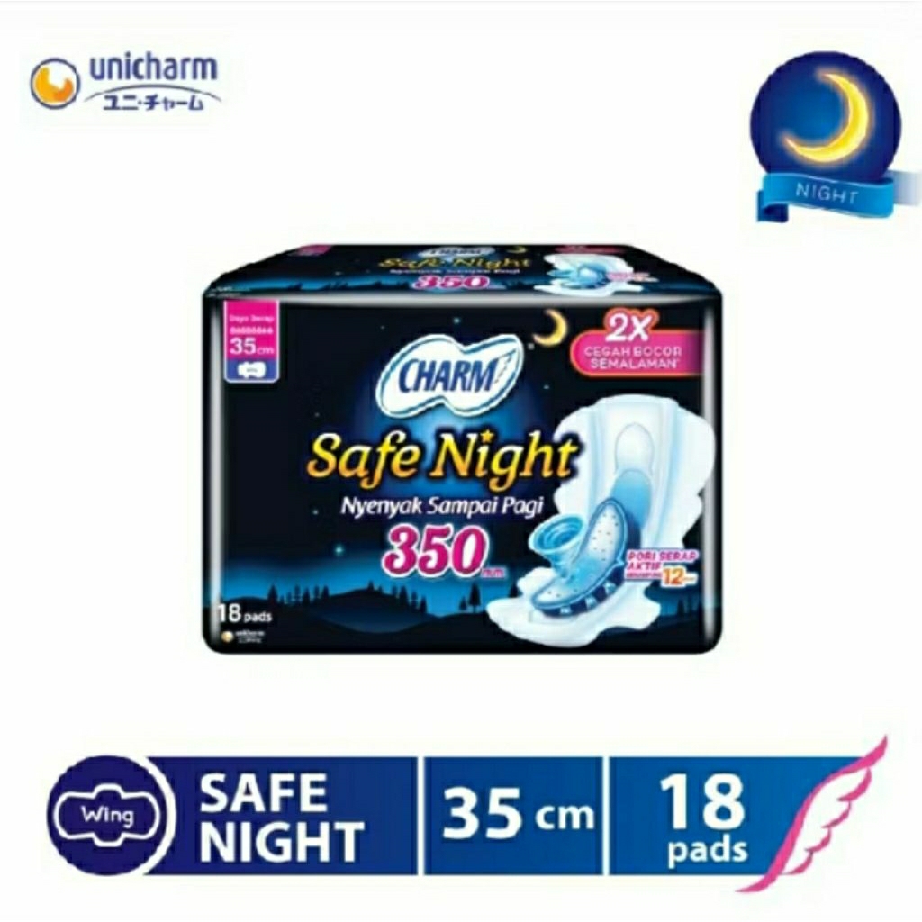 Charm Safe Night Pembalut Wanita dengan Sayap 35 cm - 18 Pads