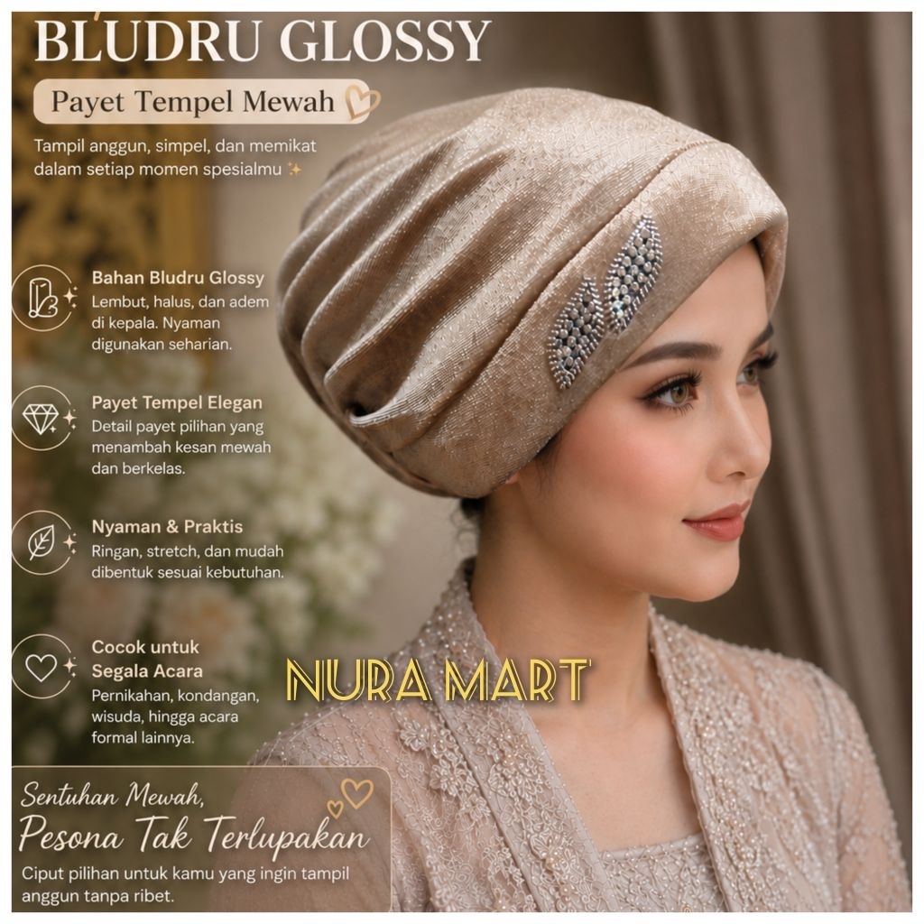 Ciput Bludru Glossy Payet Tempel Mewah | Inner Hijab Elegan Wanita