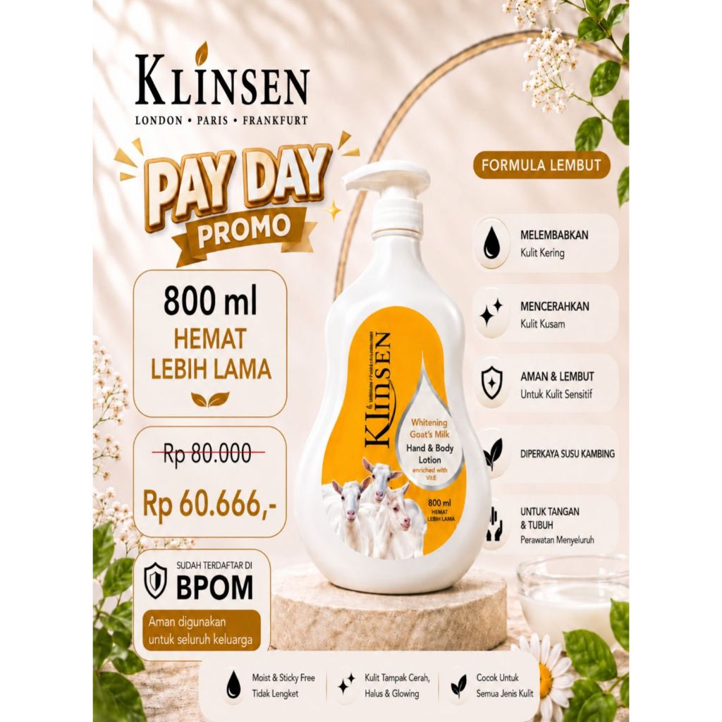 Hand Body Lotion Klinsen Whitening Goat's Milk 800 ml