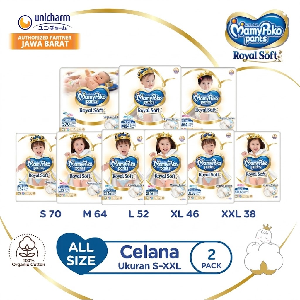 MamyPoko Royal Soft Organic Cotton - All Size (S-XXL) - Popok Celana - 2 Pack - Ultra Jumbo