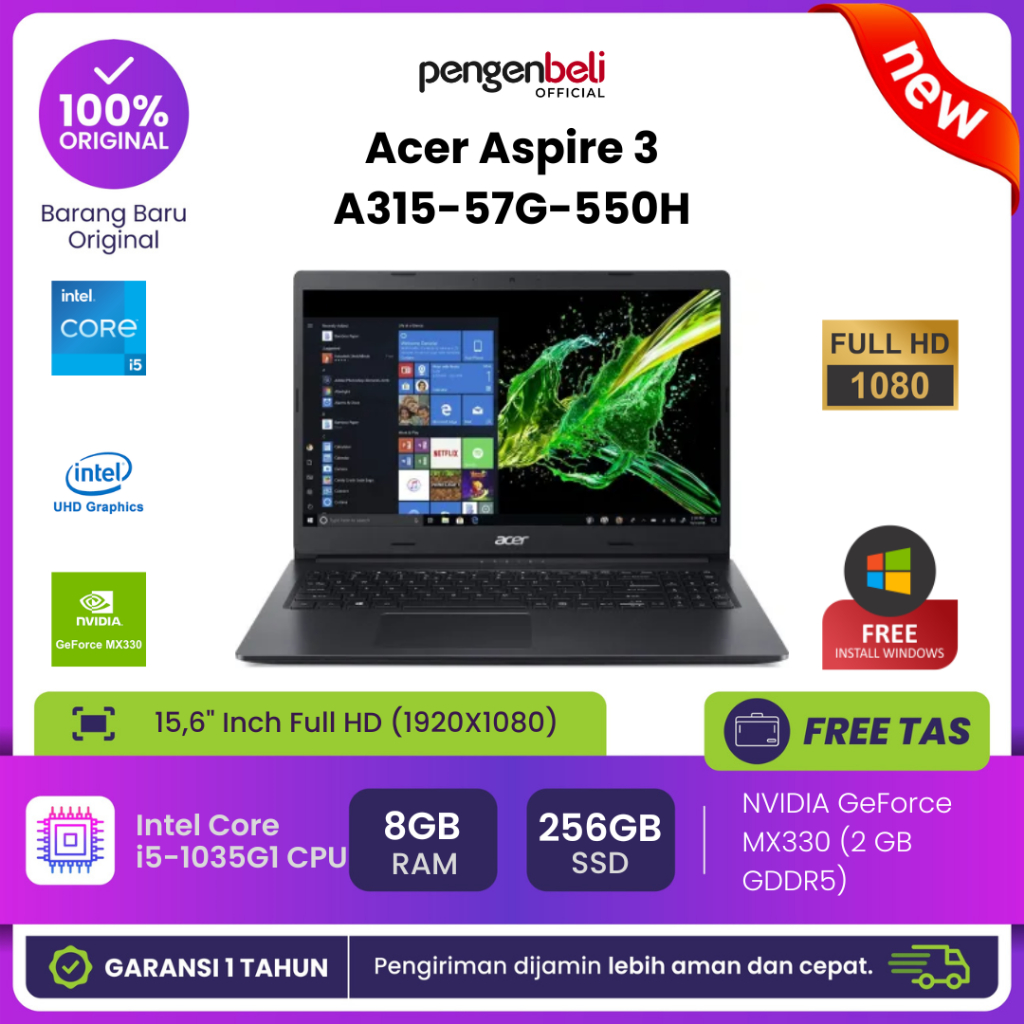Acer Aspire 3 A315-57G-550H - i5 Gen 10 - VGA NVIDIA GeForce MX330 2GB - Gaming Ringan & Editing Lan