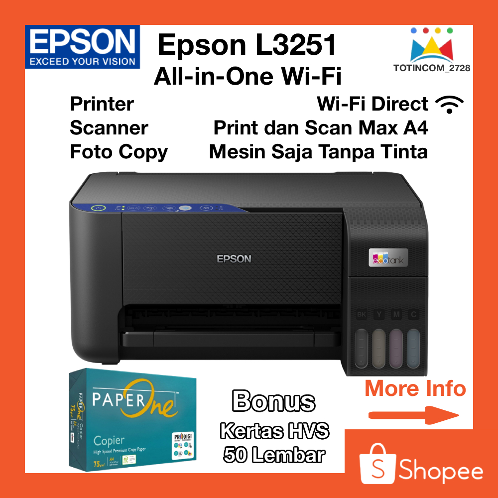 Epson L3251 Tanpa Tinta Mesin Saja Printer F4 Support Wifi Direct All-in-One Printer Scan Fotocopy W