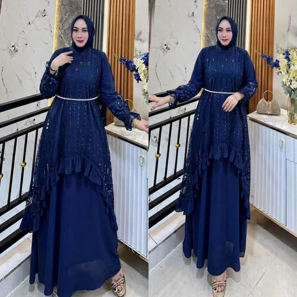 COD Silvana Dress Ceruty Babydoll Premium Mix Brokat Mewah Gamis Kondangan Wanita Murah Jumbo M L XL