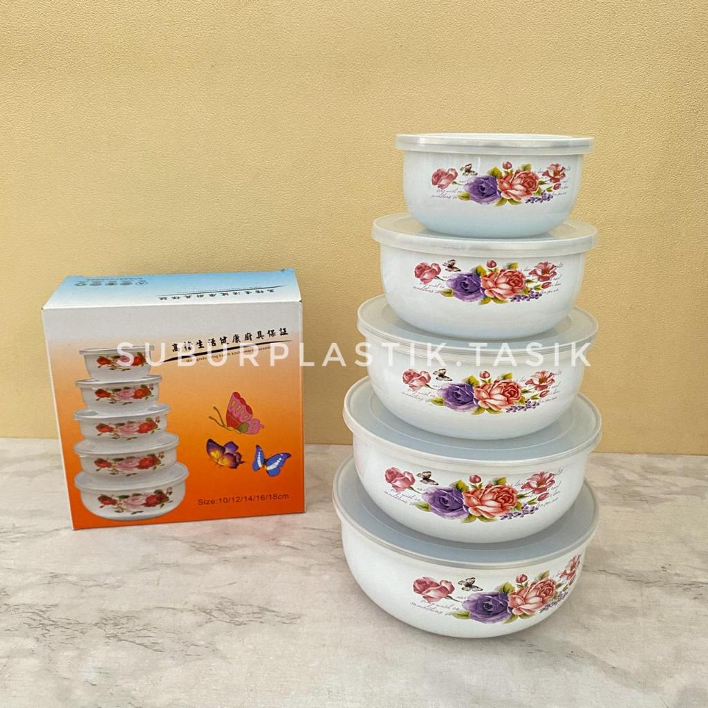 Panci 5 Susun TB Motif Bunga Rantang Susun Mangkuk Stainless Steel Dengan Tutup Mangkuk Enamel 5 Uku