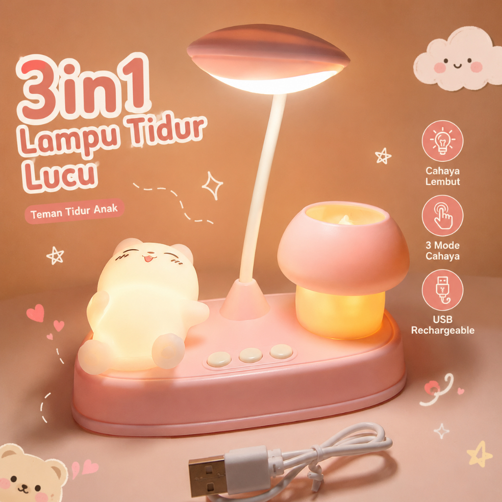 Lampu Meja Multifungsi LED Lucu 3in1 USB Rechargeable Tempat Pensil Lampu Belajar Aesthetic Anak