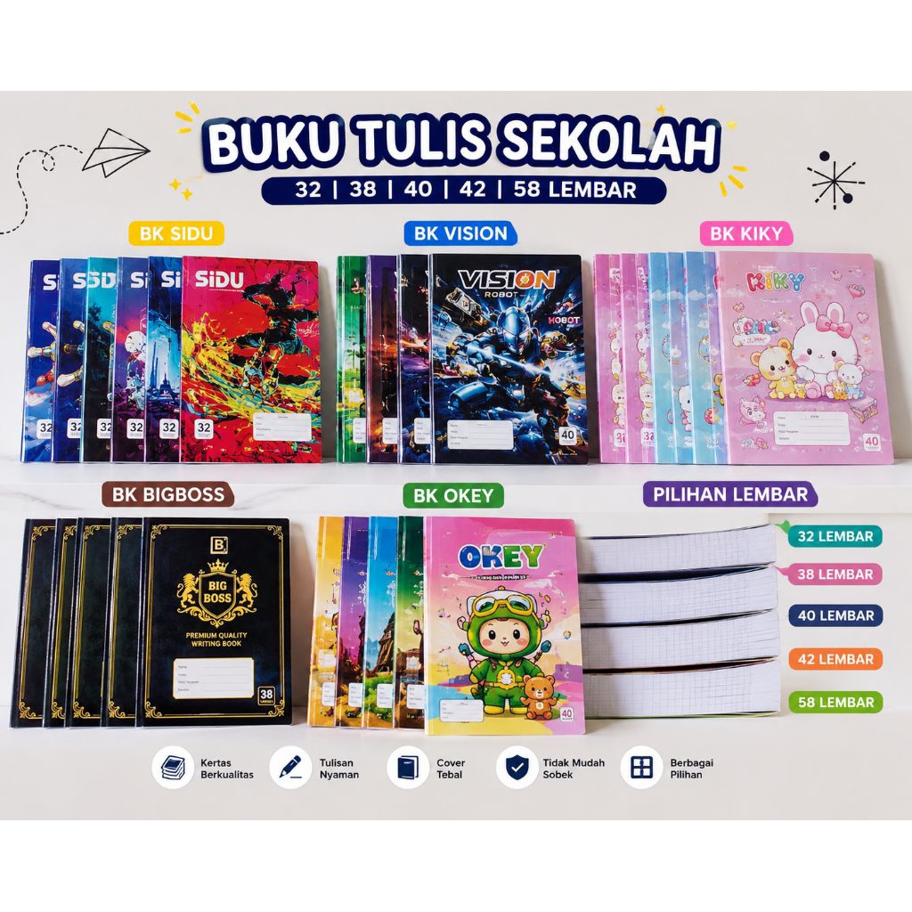 Buku Tulis Sekolah BK SIDU Vision Kiky BigBoss Okey 32 38 40 42 58 Lembar Original Murah