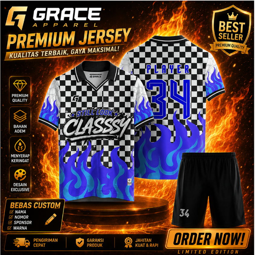 PREMIUM JERSEY KAOS SANTAI BERKERAH API BIRU CATUR KAOS RETRO VINTAGE KERAH