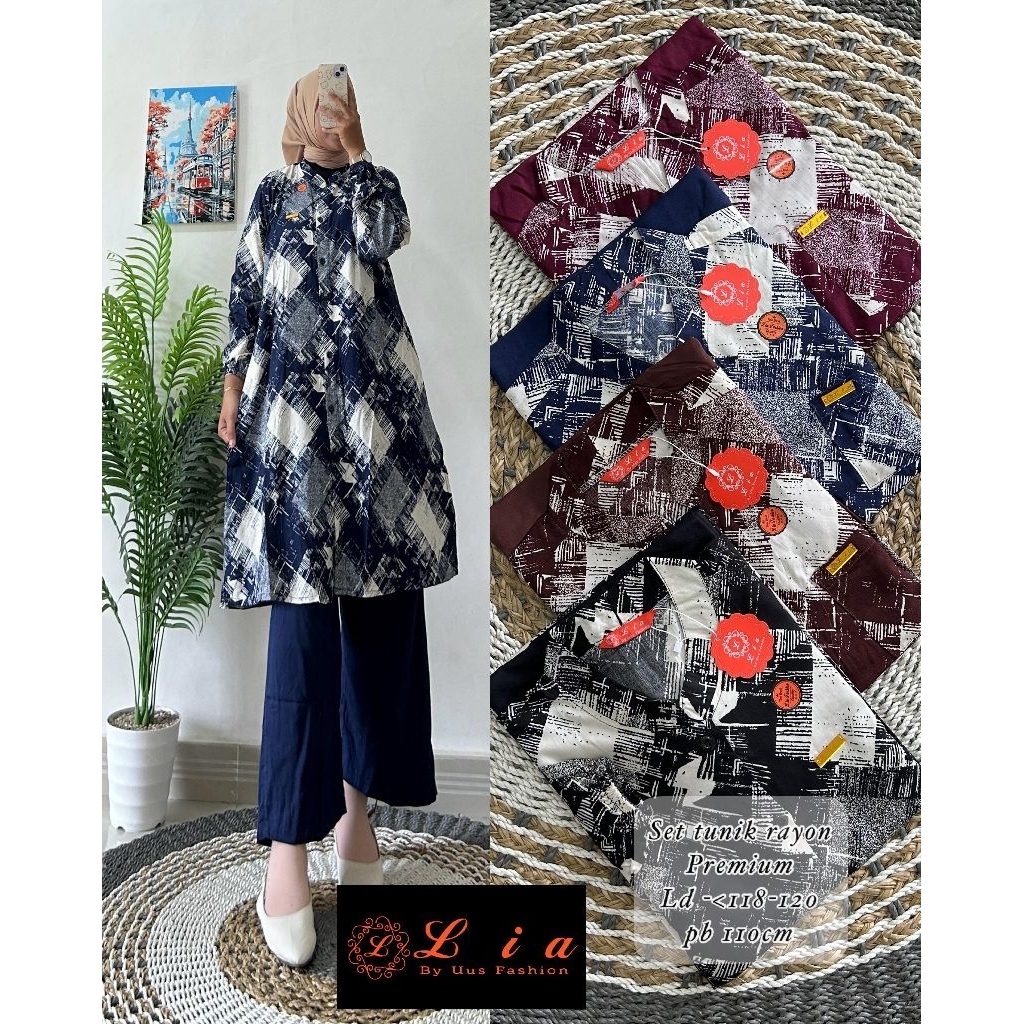 SET LONG TUNIK RAYON KOMBINASI TWILL MOTIF KOTAK LIA FASHION