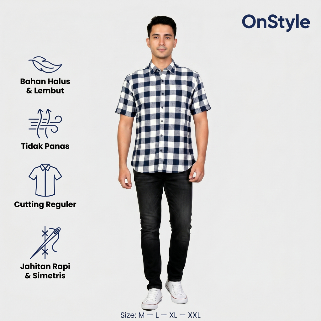 Kemeja SS Motif Kotak Reguler Fit White Navy Col 9 - KMJ SS KOTAK WHITE NAVY 9