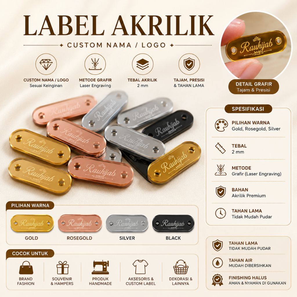 Label Akrilik Custom Nama Brand Sendiri | Label Baju | Label Hijab | Label Tas | Label Acrylic Gold 