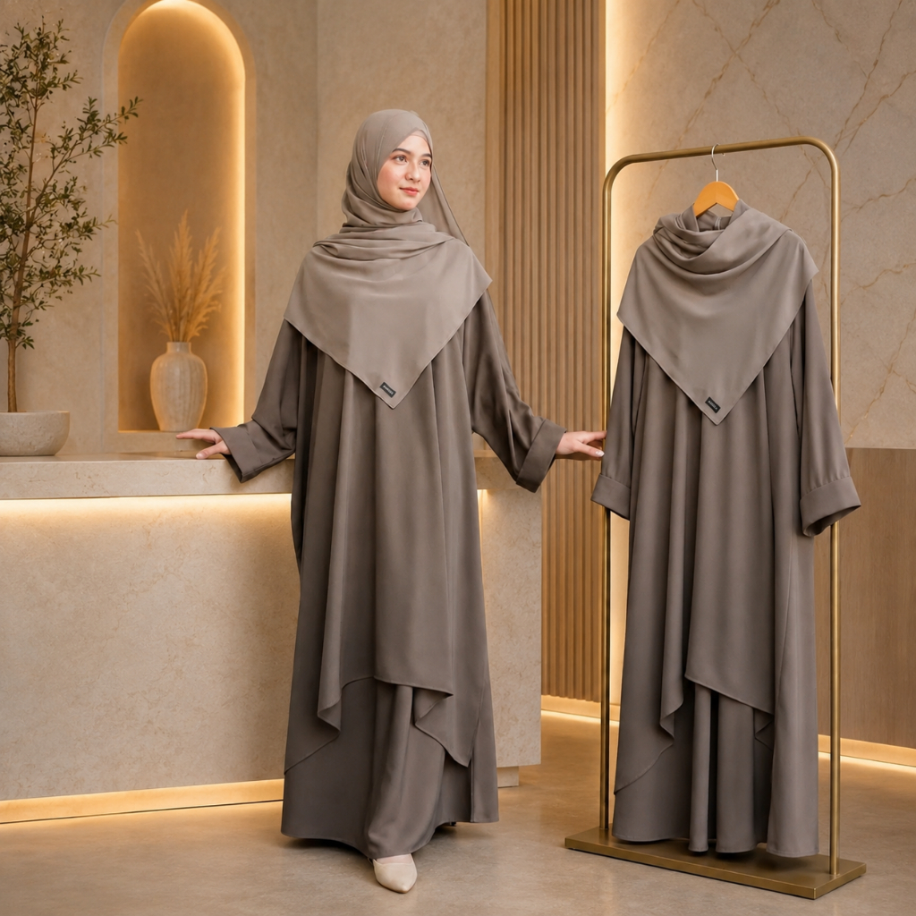 SADIYAH DRES GAMIS SYARI POLOS WANITA MODEL TERBARU 2026 SET KHIMAR TAUPE KEKINIAN BAHAN MARBELLA