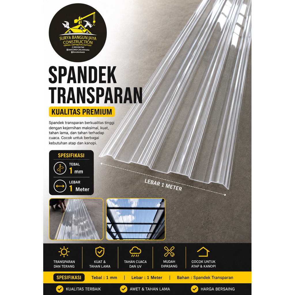 Spandek Transparan 1 mm Lebar 1 Meter | Atap Transparan Kanopi Premium