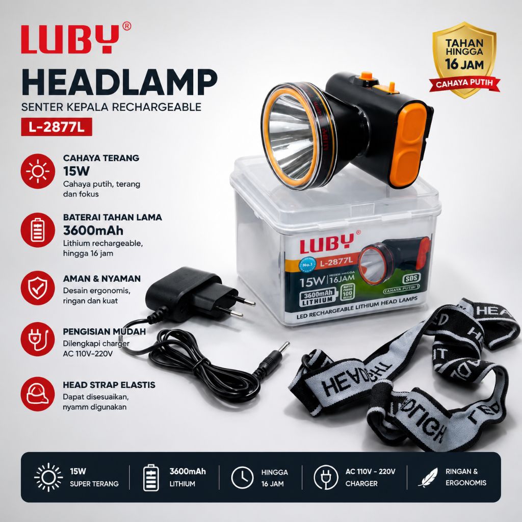 Senter Kepala Super Terang Luby 15 Watt Lampu Led Cahaya Putih L-2877L 45W Senter Camping Headlamp T