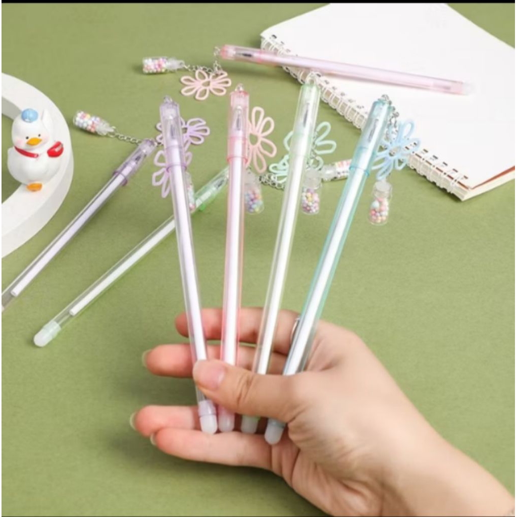 Pulpen Lucu Aesthetic Gel Warna Pastel dengan Gantungan Botol Bunga