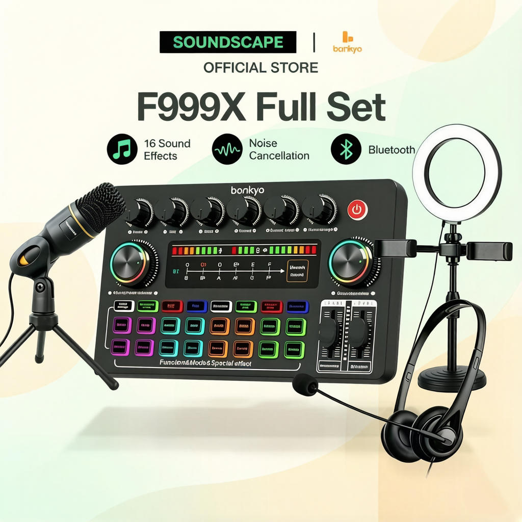 Soundscape bonkyo COD Paket Streaming Lengkap F999X Sound Card + Headset + Lampu Ring Light Peralata