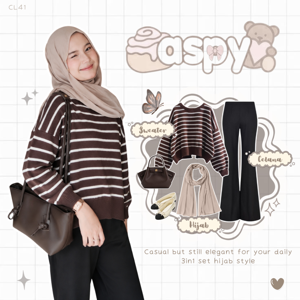 One Set 3in1 Remaja Kekinian - Hijab - Celana - Sweater - Set Korean Style OOTD Remaja Hangout - CL4