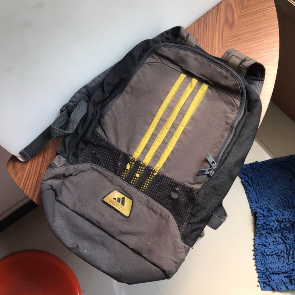 Vintage Adidas Backpack Rucksack  Bag  Grey with the yellow 3 three stripes  Multiple partition and 